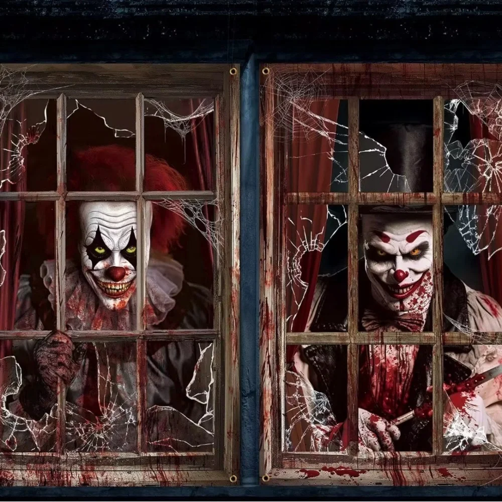 2PCS Bloody Clown Halloween Window Posters Horror Decoration Haunted House Prop